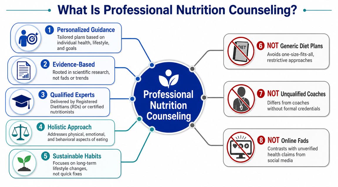 A diagram explaining the core components and exclusions of professional nutrition counseling for weight management and health.