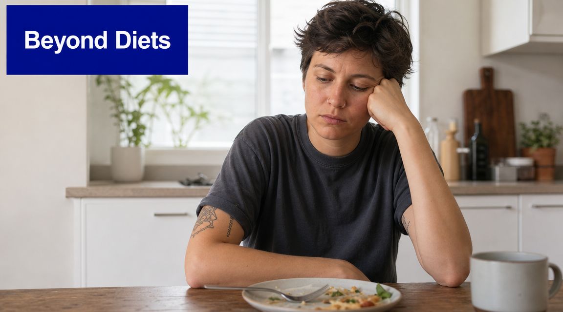 A person sitting at a table looking tired and uninspired while staring at their empty plate.